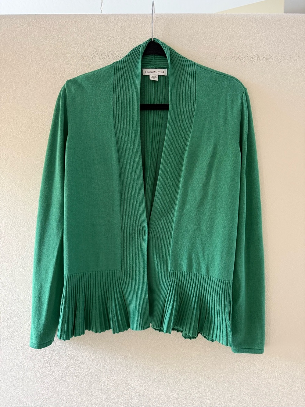 Coldwater Creek Women’s Green Open Front Pleated-Hem Cardigan